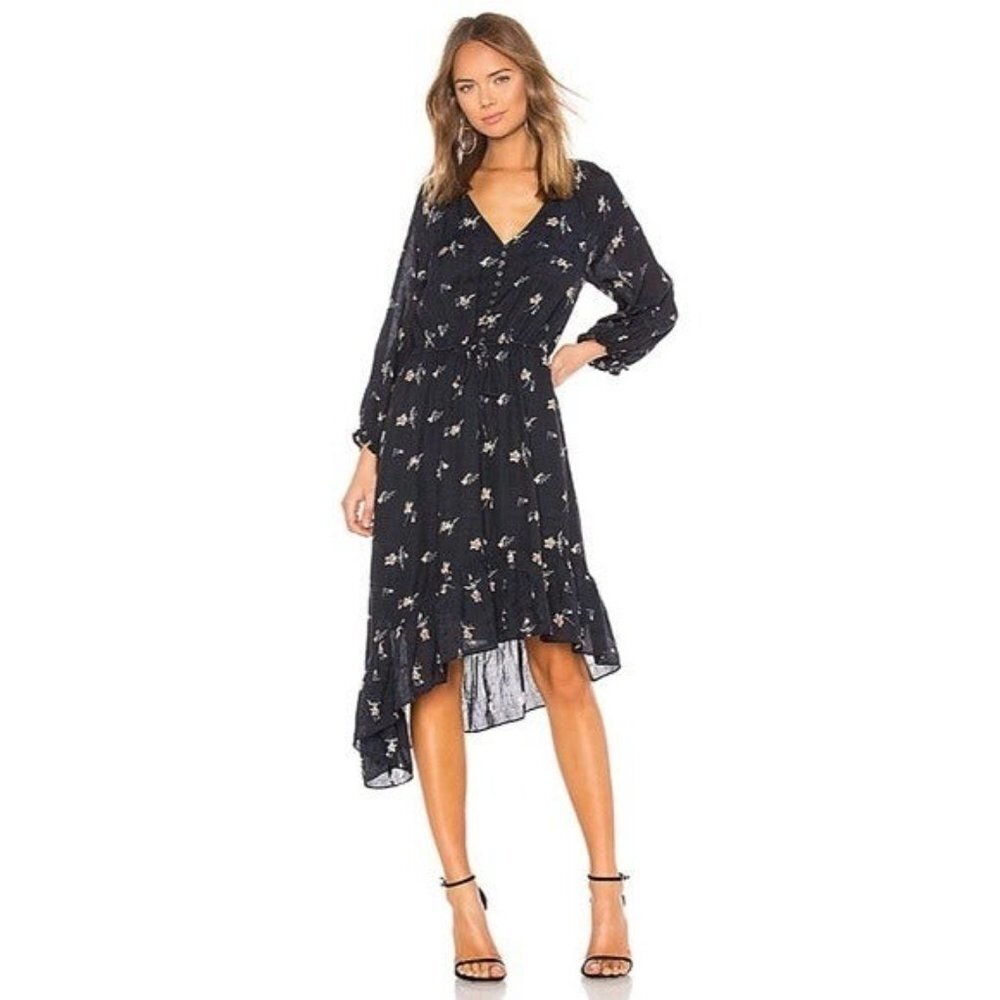 Joie Navy Floral Asymmetrical Ruffle Balloon Sleeves Midi Alithea Dress XS